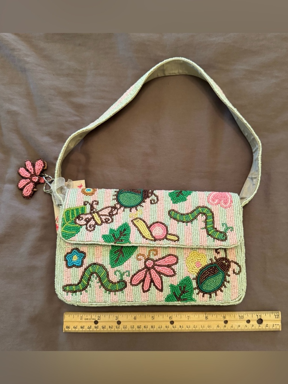Beaded Purse Bag Butterflies Caterpillars Insect Bugs with Charm - Made in India
